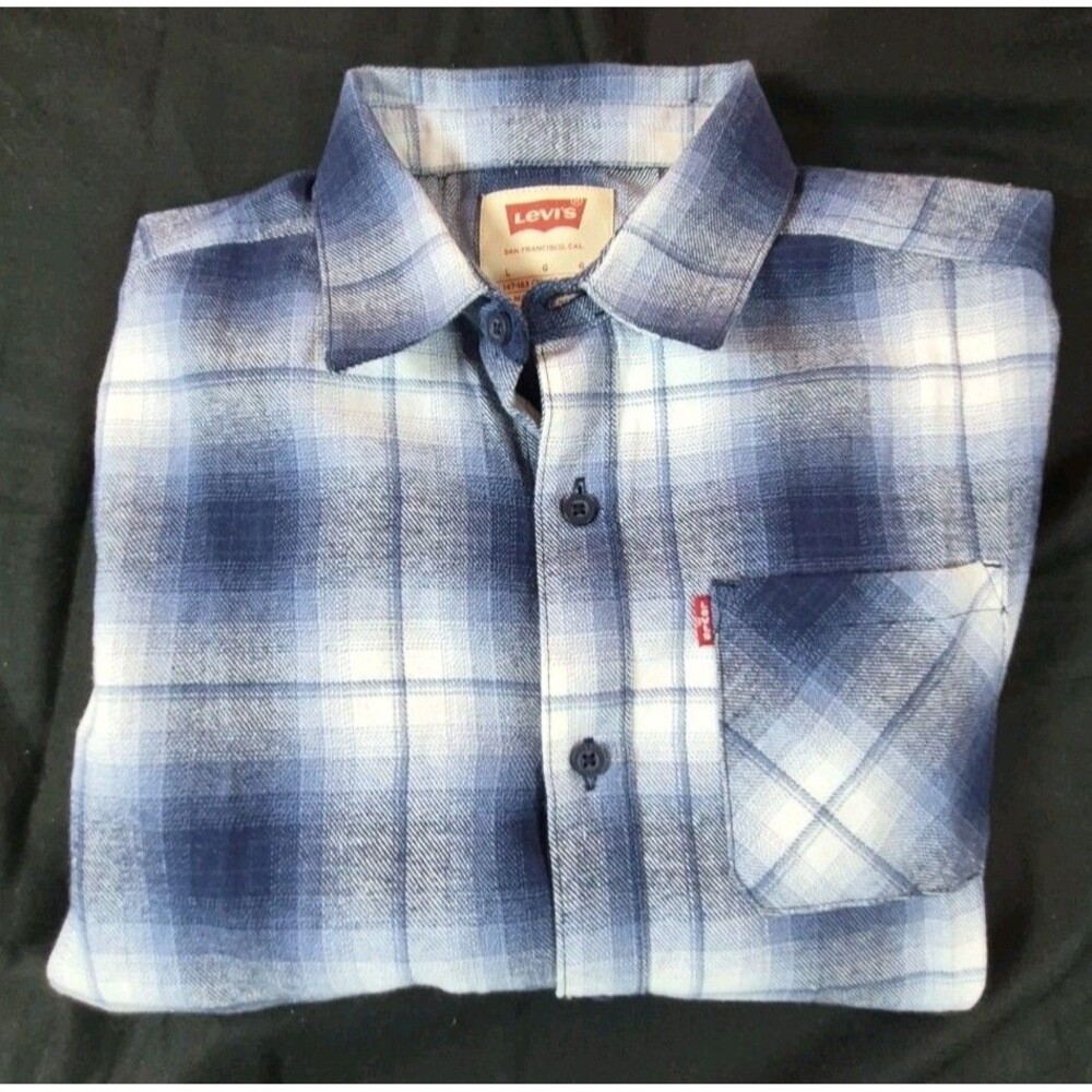 Levi's Youth Flannel Shirt Boys Size L 12-13 Years Blue And White Shadow Plaid